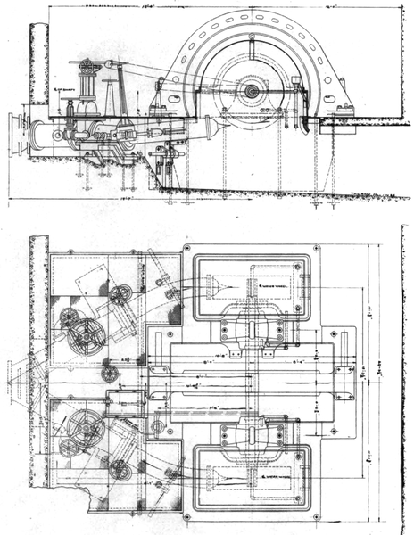 DIAGRAM SHOWING PELTON WATER WHEELS IN THE POWER HOUSE OF THE AMERICAN RIVER ELECTRIC COMPANY