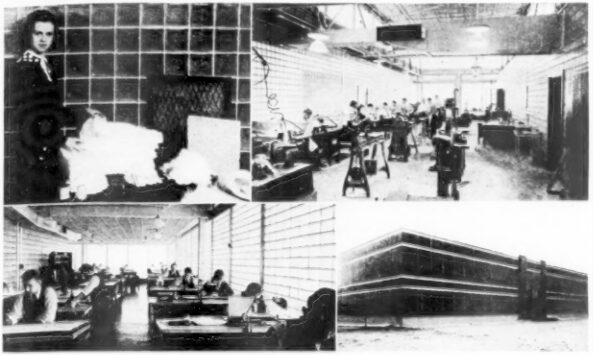 100% GLASS  Owens-lllinois Glass Co. has built at Toledo an all-glass windowless building, for its own use. Plenty of day light is admitted through the translucent blocks. There are 39 large rooms, one of which (top right) is occupied by the men who make wood models for glass containers, another (lower left) houses the container designers. The girl above holds fluffy glass, used for insulation, fibrous glass can also make thread, yard, rugs, and air filters.