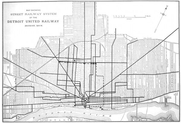 MAP OF DETROIT CITY DISTRIBUTION, SHOWING POWER HOUSES, BATTERY STATION AND EQUALIZATION SCHEME