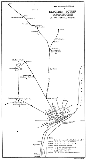 MAP SHOWING SYSTEM OF ELECTRIC POWER DISTRIBUTION, DETROIT UNITED RAILWAY