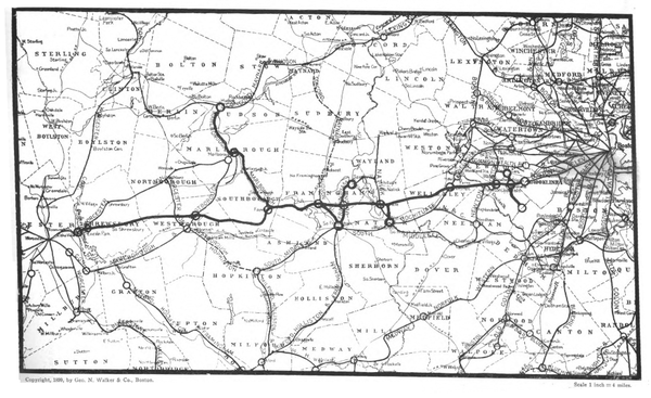 MAP SHOWING ROUTE OF BOSTON AND WORCESTER RAILWAY