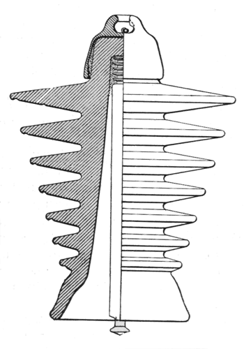 Fig. 4 - An example of overstressed insulator. Sharp edges and drip grooves result in overstress, flashover and radio interference.