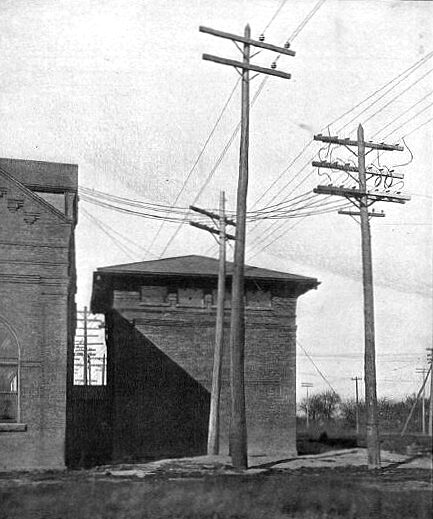 UNFINISHED SECTION OF HOUSE ADJOINING THE TONAWANDA SUB-STATION.  IT WILL CONTAIN SWITCHES BY MEANS OF WHICH ANY CONDUCTOR OF THE TRANSMISSION LINES MAY BE DIVIDED, TO FACILITATE LOCATION OF A DEFECT