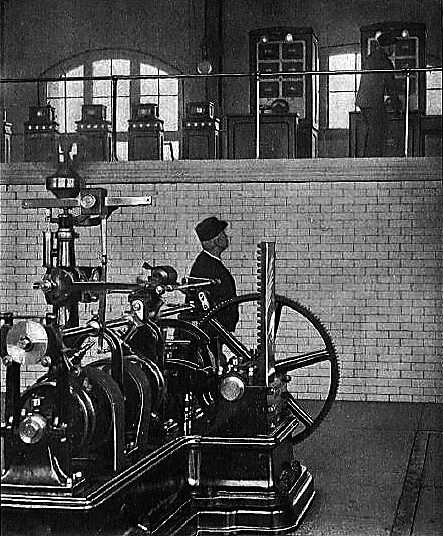 SYNCHRONISING A 5000 HORSE-POWER ALTERNATOR.  THE GOVERNOR ATTENDANT ADJUSTS THE SPEED, AS SHOWN BY AN INDICATOR AT THE EXTREME RIGHT, NOT SEEN IN THE ENGRAVING, UNTIL THE MACHINE IS IN STEP THEN THE SWITCHBOARD ATTENDANT CLOSES THE SWITCH, PARALLELLING THE MACHINE WITH THE OTHERS
