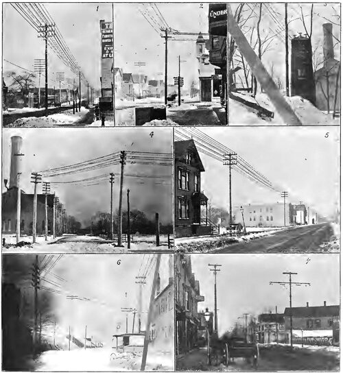 OVERHEAD CONSTRUCTION. -- NORTH SIDE, CHICAGO. 1. Specimen Feed Line, 2. A Neat Corner, 3. Tower Leading to Tunnel, California Avenue Power Station, 4. Approaching California Avenue Station from the West, 5. Clybourn Avenue Trolley and Feed Line, 6. Power-House Approach. Return Feeders Running into the Ground at Right, 7. Lincoln Avenue Center Poles.