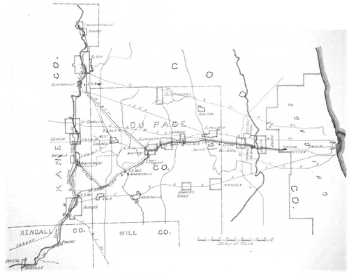 MAP OF THE AURORA, ELGIN & CHICAGO RY. AND CONNECTING LINES.