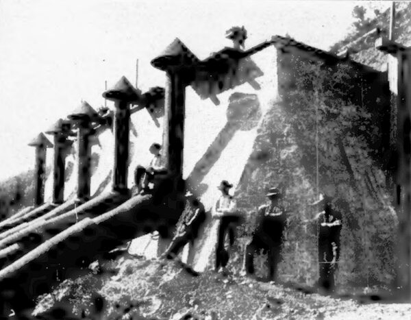 END OF FLUME, WHENCE THE WATER FALLS WITH 700 FEET HEAD INTO THE POWER HOUSE AT COLGATE.