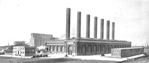 FIG. 1. Office Building. Boiler House and Turbine House. Switch House. LATEST CENTRAL-STATION DEVELOPMENTS IN CHICAGO. FISK STREET STATION, NOW BUILDING, AS IT WILL APPEAR WHEN COMPLETED FOR ULTIMATE CAPACITY OF 70,000 KILOWATTS.