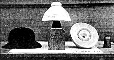 A COMPARISON OF SIZE BETWEEN A DERBY HAT AND THE PORCELAIN INSULATORS USED ON THE BUFFALO-NIAGARA FALLS TRANSMISSION LINE.