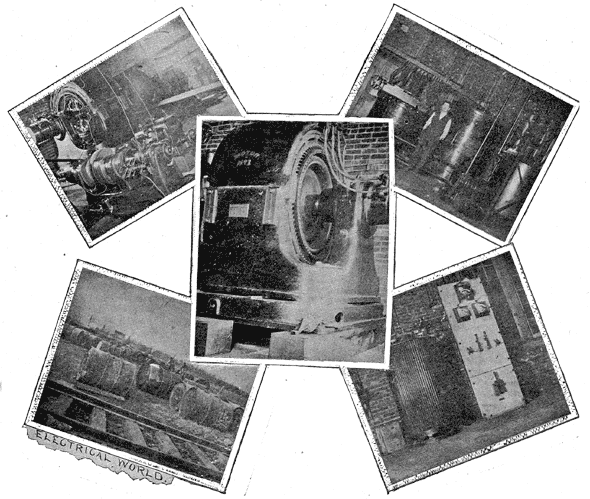 FIG. 7. — 500-HP TWO-PHASE MOTOR-DRIVING ARC-LIGHT MACHINES OF NIAGARA FALLS POWER COMPANY./FIG. 8. — AIR-TIGHT METALLIC TANKS FOR SHIPMENT OF CALCIUM CARBIDE./FIG. 9. — 500-HP TWO-PHASE MOTOR IN THE BUFFALO & NIAGARA FALLS ELECTRIC LIGHT PLANT.