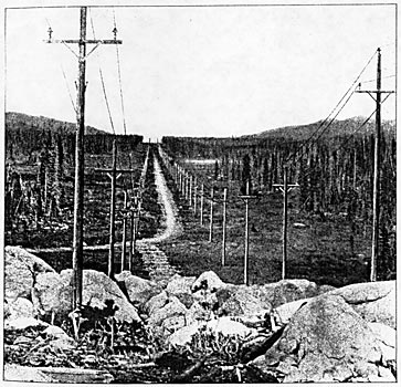 THE 57,000-VOLT DOUBLE TRANSMISSION LINE OF THE MISSOURI RIVER POWER COMPANY AT THE SUMMIT OF THE CONTINENTAL DIVIDE, 7,300 FEET ABOVE SEA LEVEL, WHERE THE LINES PASS FROM THE ATLANTIC TO THE PACIFIC SLOPE