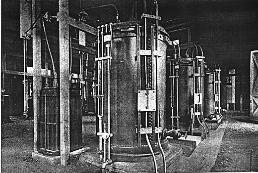 THE HIGH-TENSION TRANSFORMERS IN THE BUTTE, MONTANA, SUB-STATION OF THE MISSOURI RIVER POWER COMPANY.