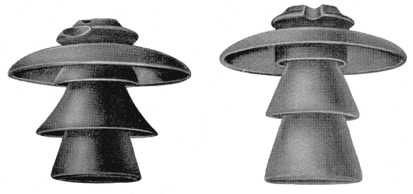 TWO ADDITIONAL TYPES OF INSULATORS USED FOR 60,000-VOLT CURRENT ON THE BAY COUNTIES AND STANDARD ELECTRIC COMPANY TRANSMISSION LINES. ALL THESE INSULATORS WERE MADE BY THE LOCKE INSULATOR MANUFACTURING COMPANY, VICTOR, NEW YORK.