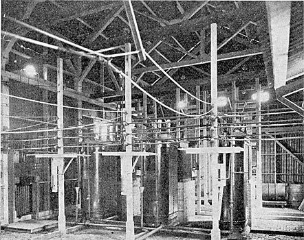 FIG. 15. - INTERIOR OF SUB-STATION, SHOWING HIGH-TENSION BUS-BARS, TRANSFORMERS, ETC.