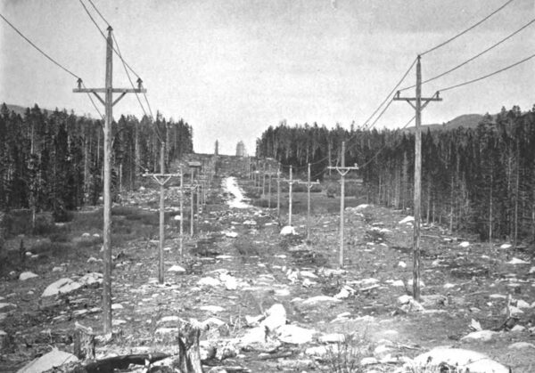 FIG. 8.ALONG THE LINES OF THE MISSOURI RIVER POWER COMPANY. PRIVATE RIGHT OF WAY, 200 FEET WIDE, FROM WHICH ALL TIMBER WAS REMOVED