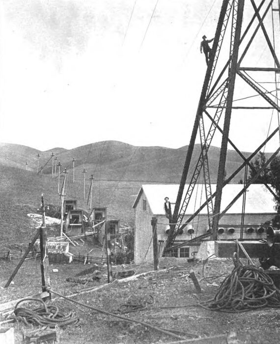 APPROACHING ONE OF THE TOWERS OF THE CARQUINEZ STRAITS CABLE SPAN. THIS SPIN OF 4427 FEET IS THE LONGEST IN THE WORLD. AN ILLUSTRATION OF IT APPEARED IN \"THE ELECTRICAL AGE\" FOR JUNE, 1904