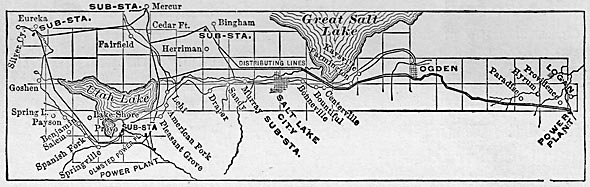 FIG. 5.  MAP OF UTAL VALLEY, SHOWING POWER-HOUSES AND TRANSMISSION AND DISTRIBUTION LINES.