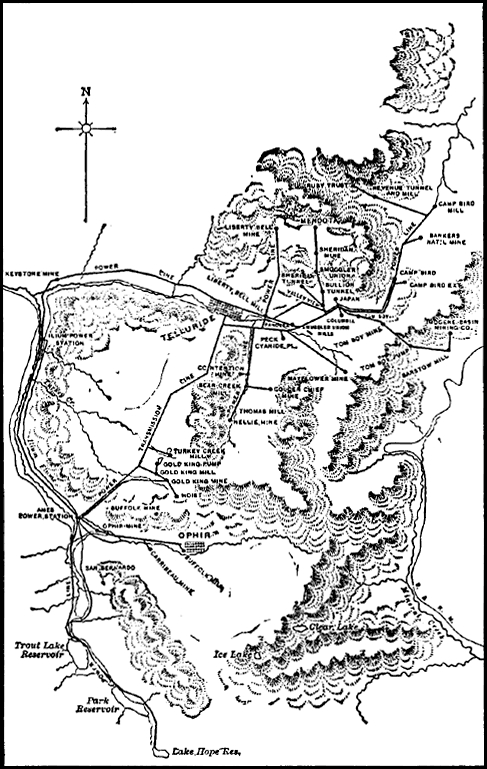 Fig. 1.  MAP OF TELLURIDE DISTRICT, SHOWING SYSTEM OF RESERVOIRS, WATERWAYS AND POWER-HOUSES, TRANSMISSION AND DISTRIBUTION LINES.