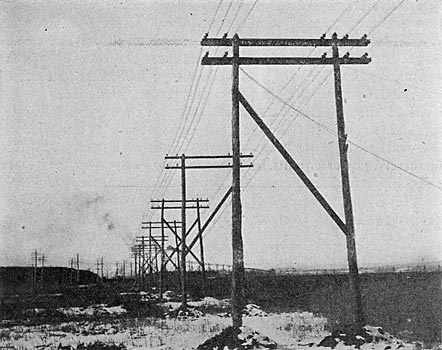 FIG. 6.  TRANSMISSION 13,000-VOLT LINES ACROSS THE JERSEY MARSHES, CONNECTING MARION STATION WITH NEWARK PLANTS.
