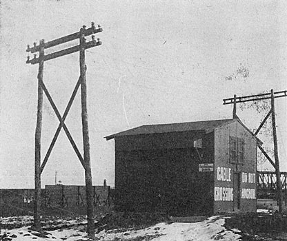 FIG. 7.  AERIAL 13,000-VOLT TRANSMISSION LINE CONNECTING WITH HACKENSACK RIVER CABLE WITHIN CABLE BUILDING.