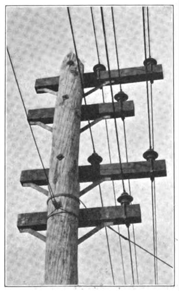 FIG. 14.  METHOD OF ATTACHING CROSS-ARMS AND INSULATORS IN WOODEN-POLE LINE CONSTRUCTION