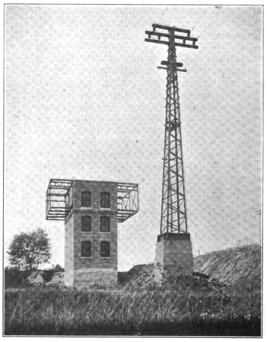 FIG. 7.  ARRESTER HOUSE AT DUNTON AND ADJACENT STRAIN POLE