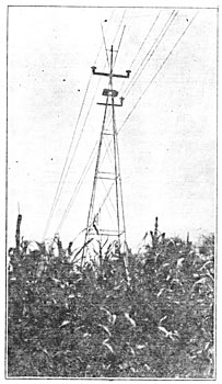FIG. 2  Showing first change.  Top insulator lowered, grounded cable in place, and lightning-rods left in position.