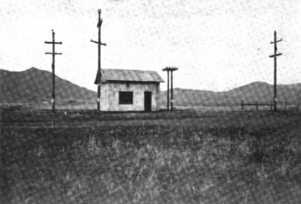 Fig. 33 Stone Corral Substation Showing 6,000 Volt, Iron Wire, 500 foot Span Line Towards "Look-out Mountain," at the Left. Three, 100 K. W. 17,300 - 6,600 Volt Transformer