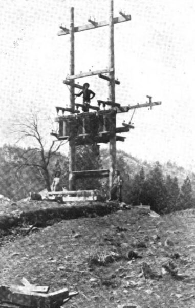 Fig. 36 6600 Volt Transformer Hanging at End of 600 Foot Span, for Construction of New Crane Valley Dam.