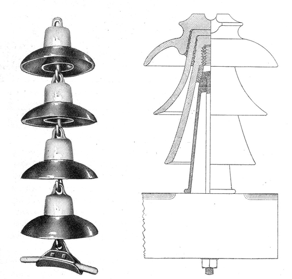 FIG. 16 -- 100,000-VOLT SUSPENSION INSULATOR, SHOWING CLAMP AND SHIELD ON ALUMINUM WIRE. FIG. 17 -- STANDARD 50,000-VOLT INSULATOR AND PIN.