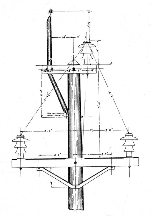 FIG. 8 -- DETAIL OF POLE TOP FOR 50,000-VOLT SINGLE-CIRCUIT TRANSMISSION LINE.