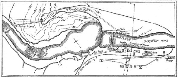 Fig. 28 - Map Showing the Location of the Old and the New Plant at Snoqualmie Falls.