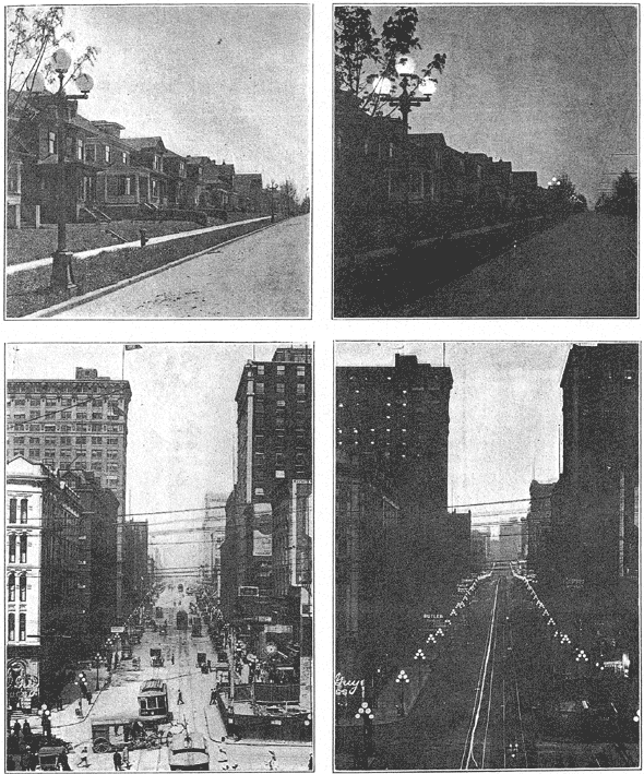Figs. 18 to 21 - Day and Night Views of Seattle, Showing Tungsten Street Lighting with Three-Lamp Posts in Residential Section and Five-Lamp Posts in Business Section.