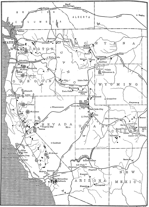 Fig. 1 - Map Showing Locations of Important Western Hydroelectric Developments and the Routes Covered by Delegates to the Seattle Convention.