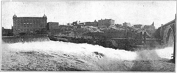 Fig. 1 - Main Substation and Spokane Hydroelectric Station of Washington Water Power Company at Lower Falls of Spokane River in the Heart of the City.