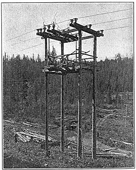 Fig. 12 - Wooden Switching Tower on Coeur d'Alene 60,000-Volt Transmission Line.