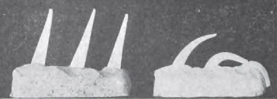 FIG. 1STANDARD PYRAMIDAL TEMPERATURE CONE PLAQUES.  Shown before firing on the left and after firing on the right.