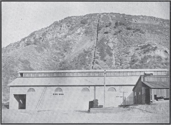 SANTA ANA POWER HOUSE NO. 1, SHOWING PIPE LINE TRENCH AND RESERVOIR FOR THE LOMBARD GOVERNORS