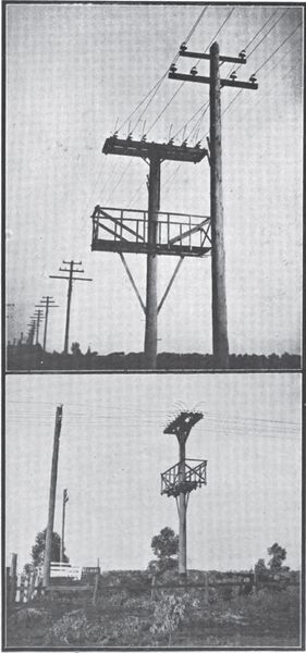 TWO VIEWS OF THE 33,000-VOLT POLE SWITCH ON THE SANTA ANA-LOS ANGELES TRANSMISSION