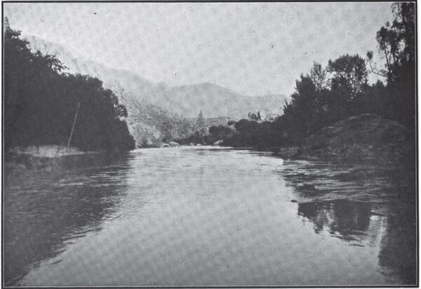 THE PLACID FLOW OF THE LOWER KERN RIVER GIVES NO SUGGESTION OF ITS TURBULENCE FURTHER UP THE CANYON