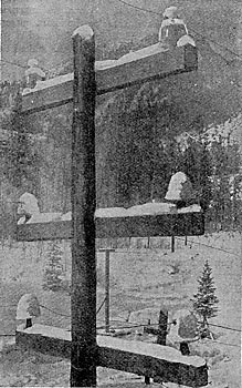 FIG. 4.  50,000 VOLTS ON LARGE GLASS INSULATORS (UPPER CROSS-ARM) AND ON PORCELAIN INSULATORS (LOWER CROSS-ARM).