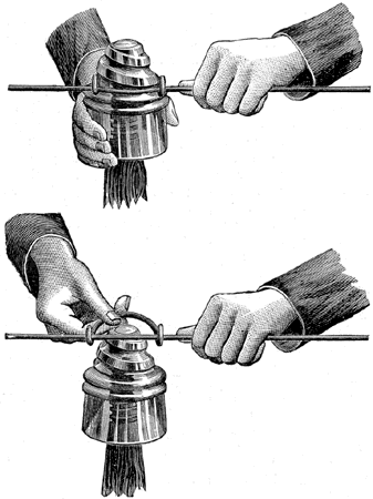 FIGS. 1 AND 2.  METHOD OF PLACING WIRE ON NATIONAL SCREW-TOP INSULATOR.