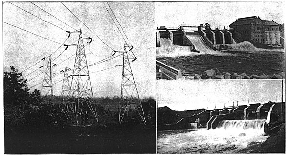 (left) Fig. 1 A Right-angle Turn on the 110,000-volt and 72,000-volt Tower-lines Near Grand Rapids. The 110,000-volt Lines Are on the Right or Outer Side of the Turn/(right) Fig. 2. Croton Dam Power-Plant, Head of the 110,000-volt Transmission Line/Fig. 3. Spillway at Rogers Dam Power Plant, the Head of the 72,000-volt Transmission System/HIGH-TENSION TRANSMISSION LINES AND GENERATING STATION OF THE GRAND RAPIDS-MUSKEGON (MICH.) POWER COMPANY.