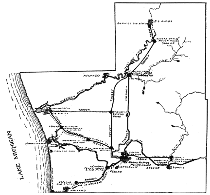 FIG. 4. MAP SHOWING TRANSMISSION LINES AND STATIONS OF GRAND RAPIDS-MUSKEGON POWER COMPANY.