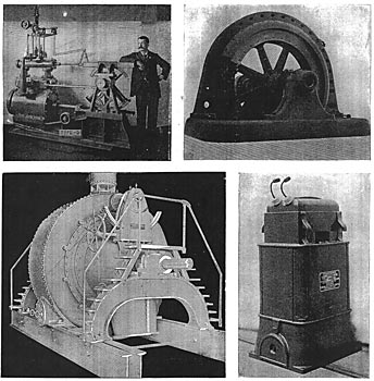 FIG. 1.  WATER WHEEL GOVERNOR./FIG. 2.  750 K. W. GENERATOR./FIG. 3.  TYPE OF TURBINES./FIG. 4.  250 K. W. TRANSFORMER.//GENERATING MACHINERY AND TRANSFORMER.