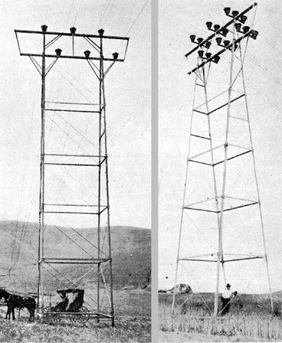 FIGS. 33 AND 34. - STANDARD 60-FT. TOWER AND A SPECIAL 60-FT. TOWER NEAR SAN FERNANDO SWITCHING STATION.