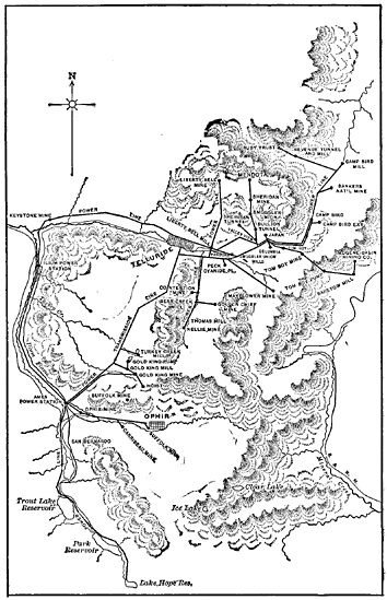 FIG. 1. - MAP OF TELLURIDE DISTRICT, SHOWING SYSTEM OF RESERVOIRS, WATERWAYS AND POWER-HOUSES, TRANSMISSION AND DISTRIBUTION LINES.