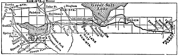 FIG. 5 - MAP OF UTAH VALLEY, SHOWING POWER-HOUSES AND TRANSMISSION AND DISTRIBUTION LINES.