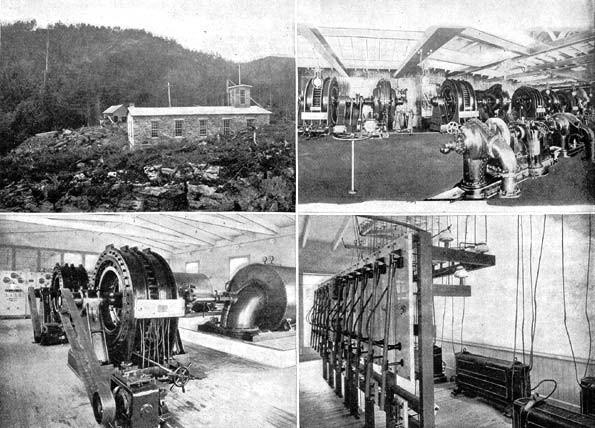 THE THREE RIVERS TRANSMISSION PLANT., Fig. 1.  View of Power House., Fig. 2.  Interior of Power House., Fig. 3.  Wheel Cases in Power House., Fig. 4.  Transformer Switchboard.
