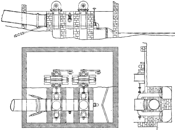 FIG. 9.  ELEVATION AND PLANS OF POWER GENERATING PLANT.